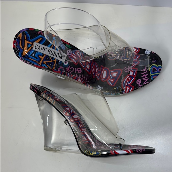 Cape Robbin Clear Wedge Sandals with Graphic Inlay - Picture 1 of 9
